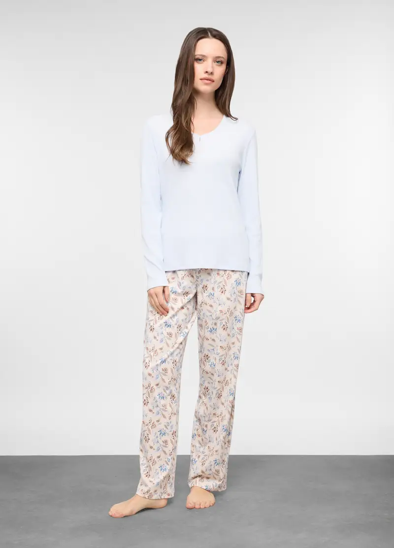 Set Pigiama Lungo In Cotone Stretch Donna, Azzurro