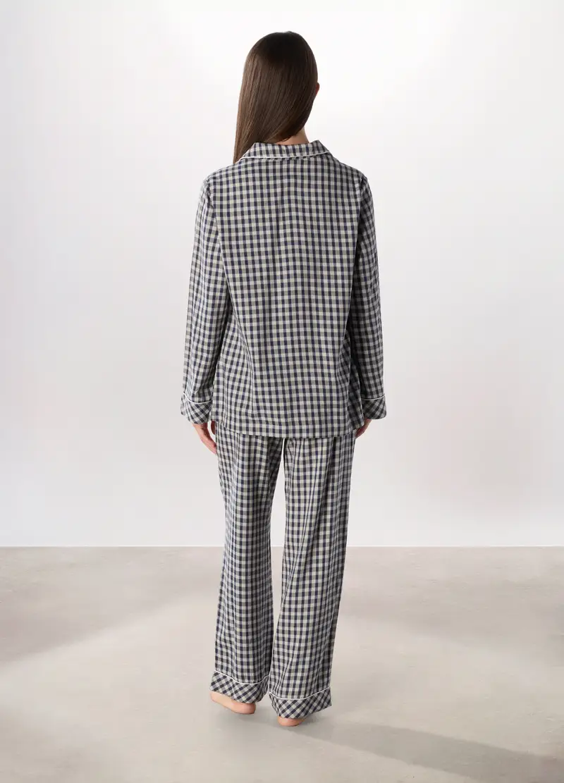 Set Pigiama Lungo In Flanella Di Cotone Donna, Bianco/Blu miniatura 2