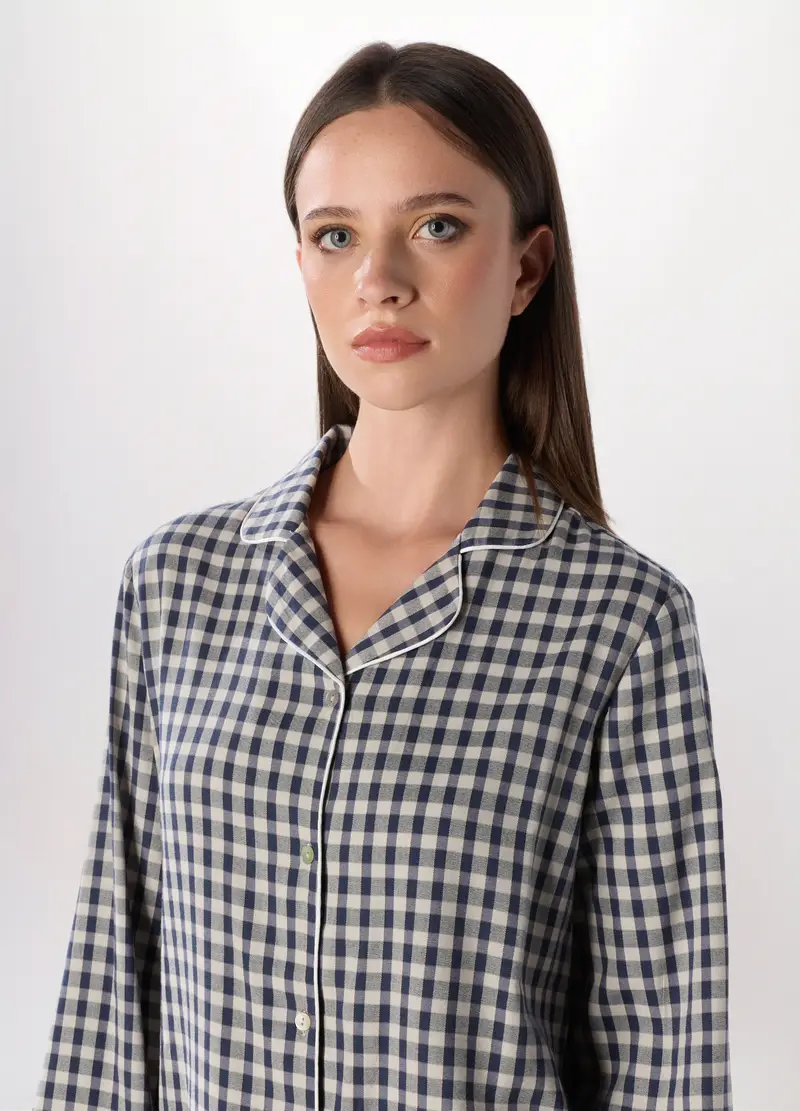 Set Pigiama Lungo In Flanella Di Cotone Donna, Bianco/Blu miniatura 3