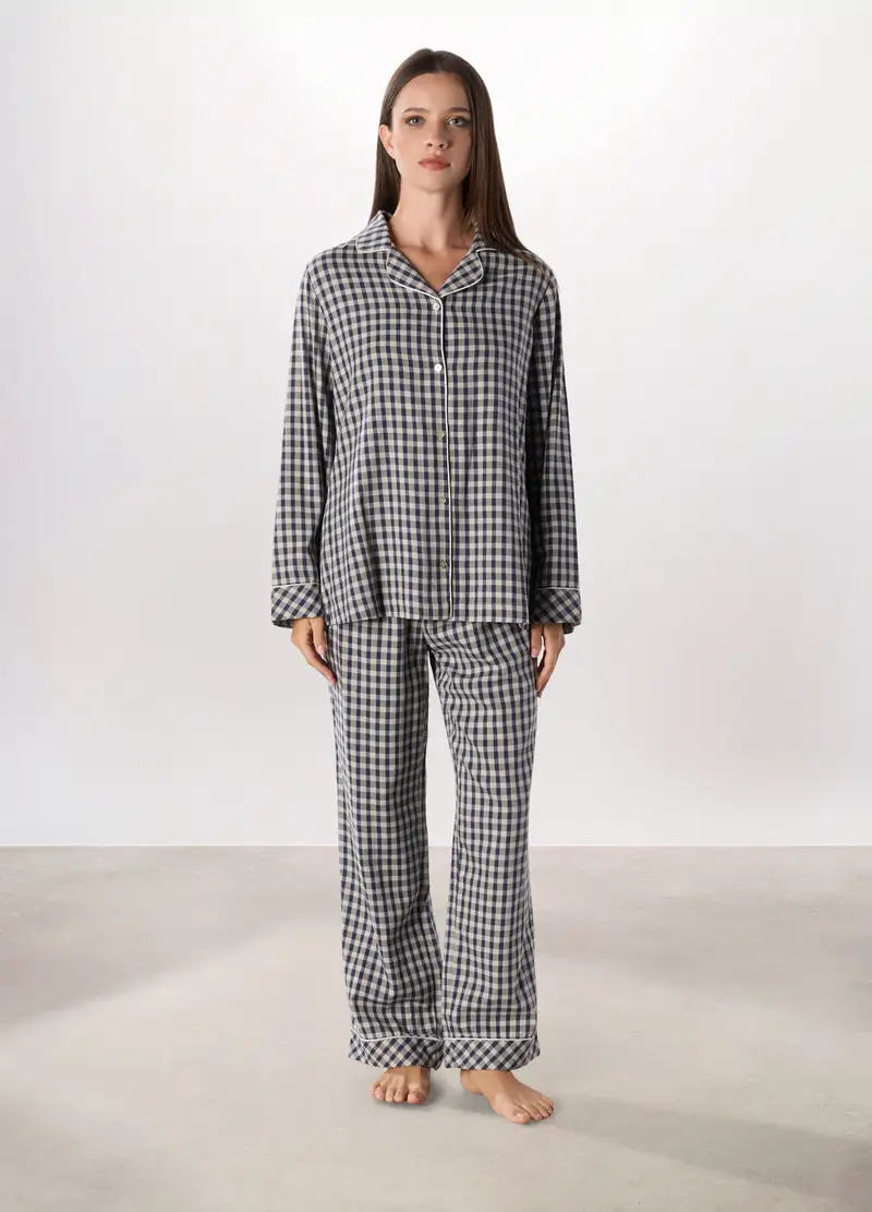 Set Pigiama Lungo In Flanella Di Cotone Donna, Bianco/Blu