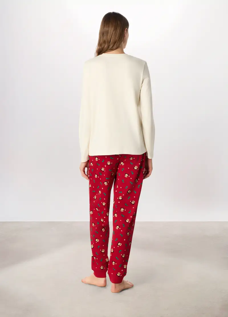 Set Pigiama Lungo In Interlock Di Puro Cotone Donna, Bianco/Rosso miniatura 2