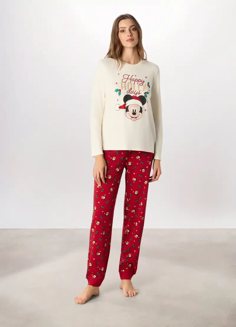 Set Pigiama Lungo In Interlock Di Puro Cotone Donna, Bianco/Rosso