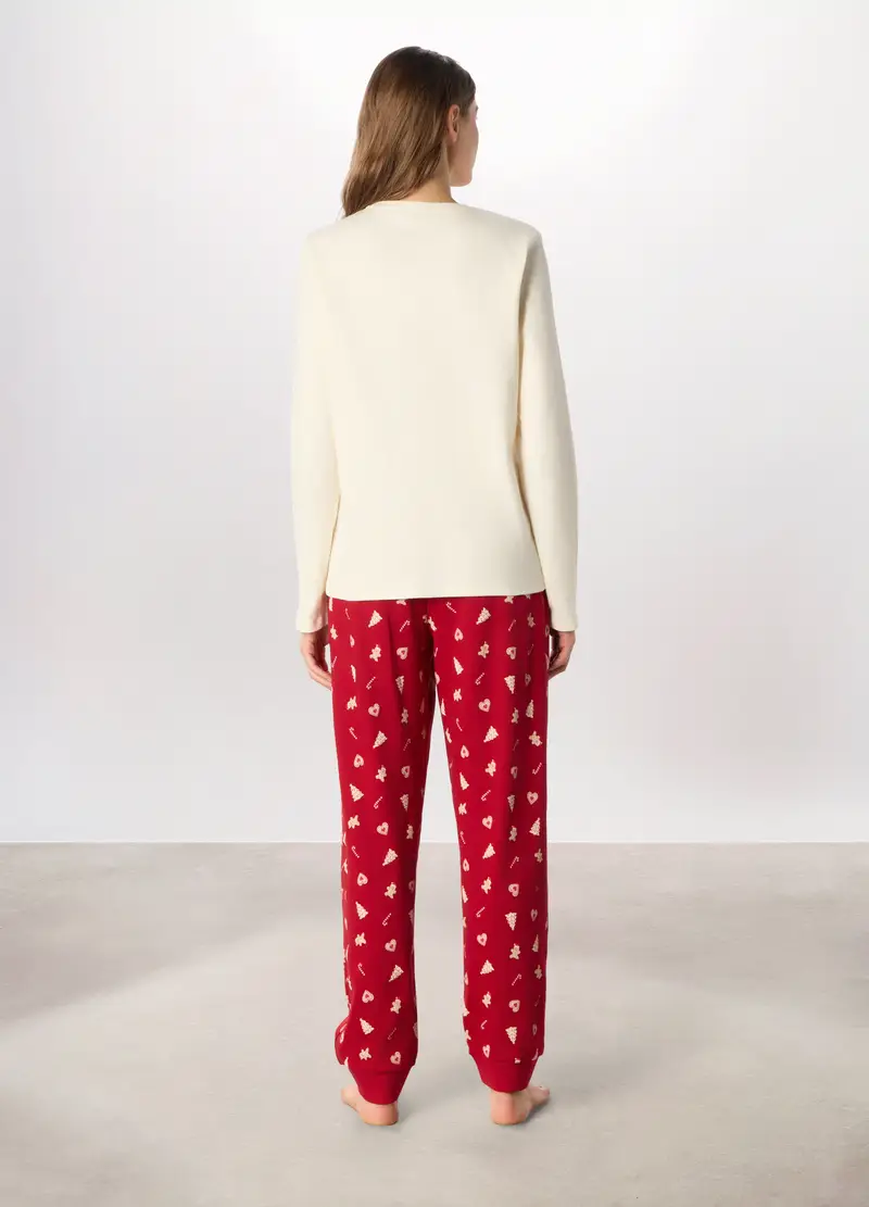 Set Pigiama Lungo In Interlock Di Puro Cotone Donna, Bianco/Rosso miniatura 2