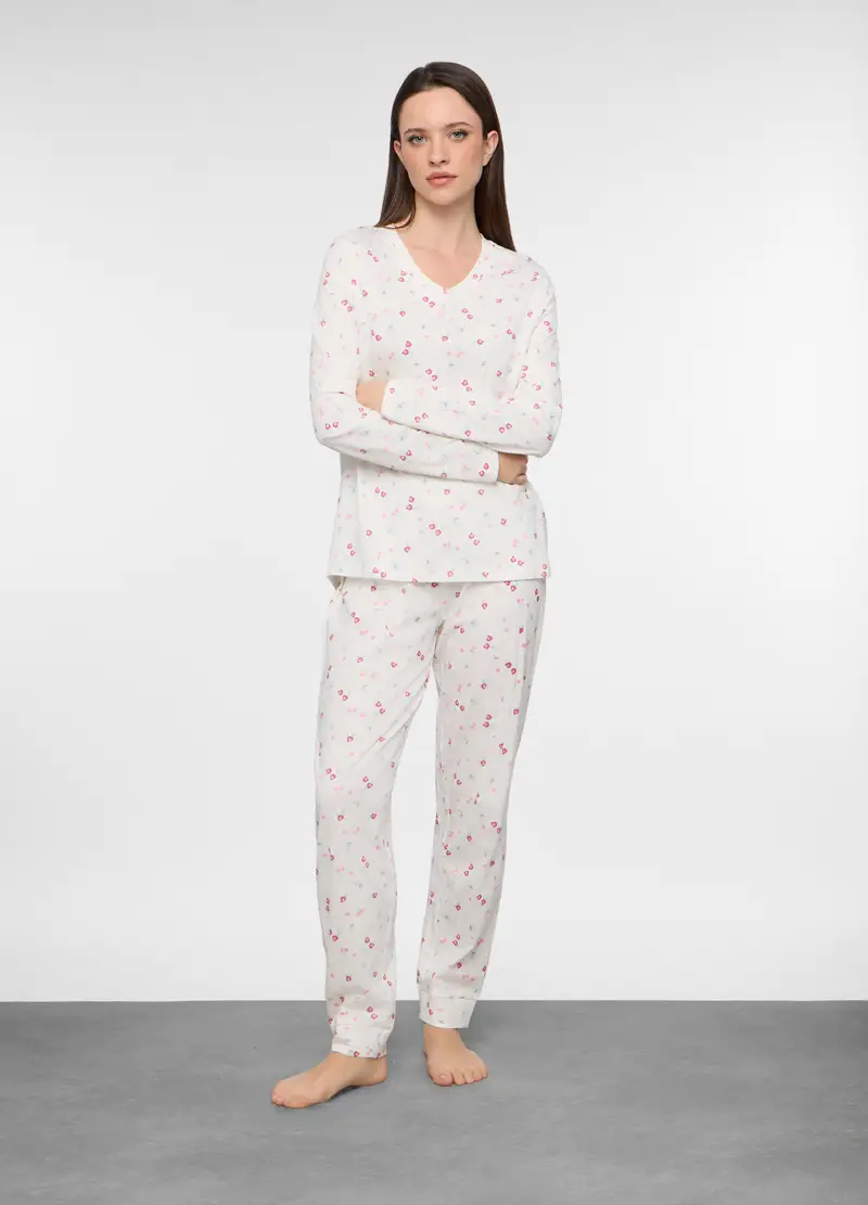 Set Pigiama Lungo In Jersey Di Cotone Misto Viscosa Donna, Bianco gesso