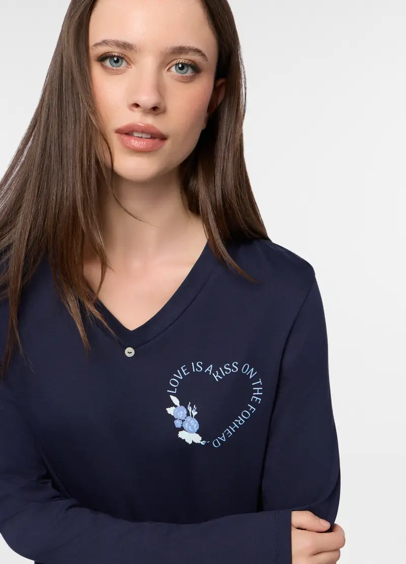 Set Pigiama Lungo In Jersey Di Cotone Misto Viscosa Donna, Blu navy miniatura 3