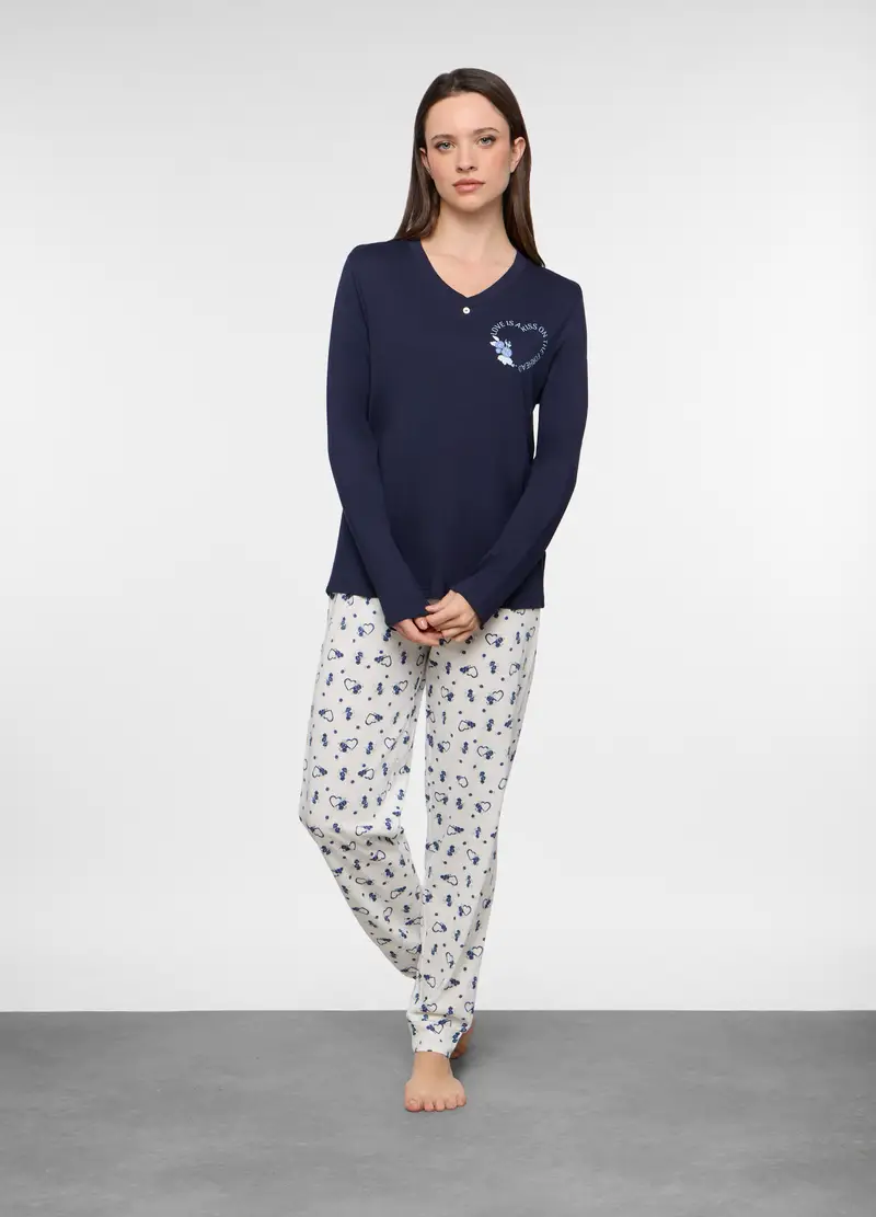 Set Pigiama Lungo In Jersey Di Cotone Misto Viscosa Donna, Blu navy