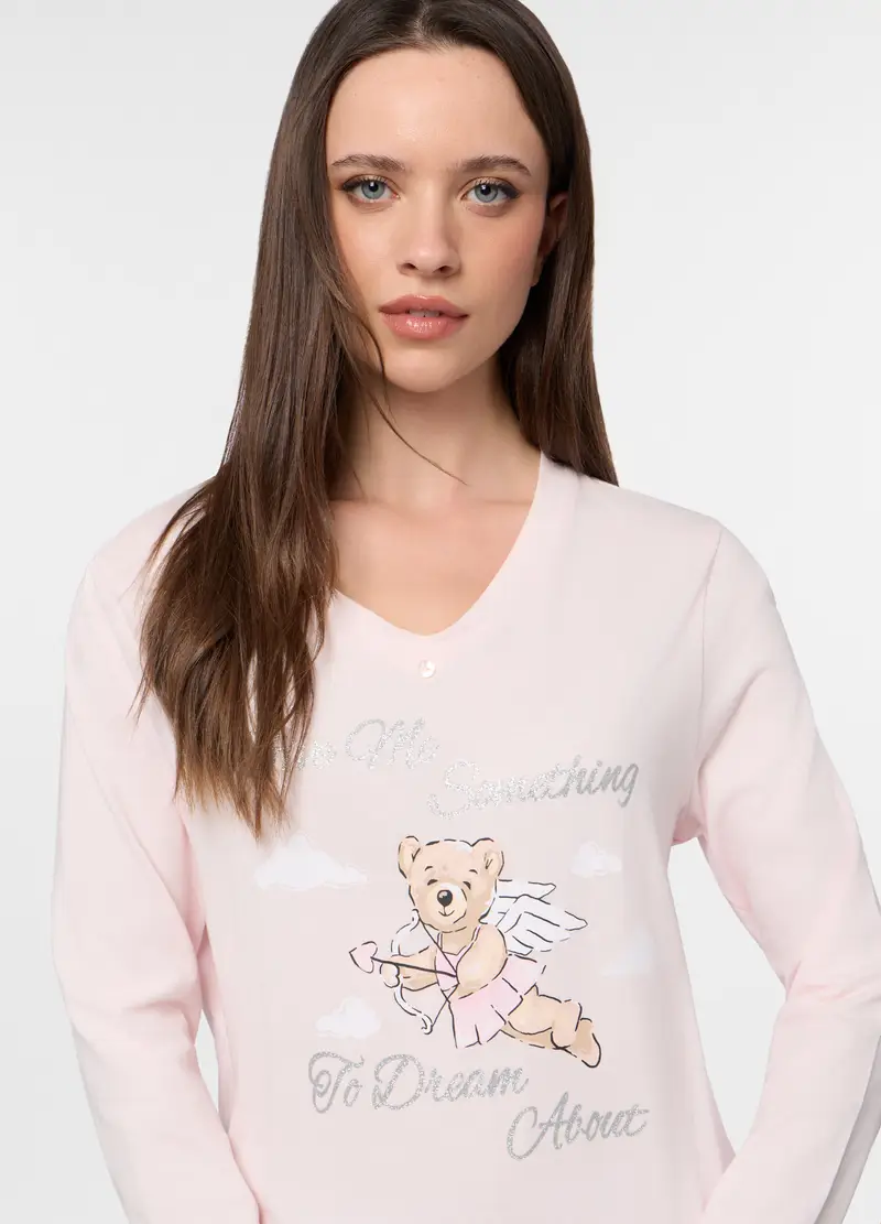 Set Pigiama Lungo In Jersey Di Cotone Misto Viscosa Donna, Rosa chiaro miniatura 3