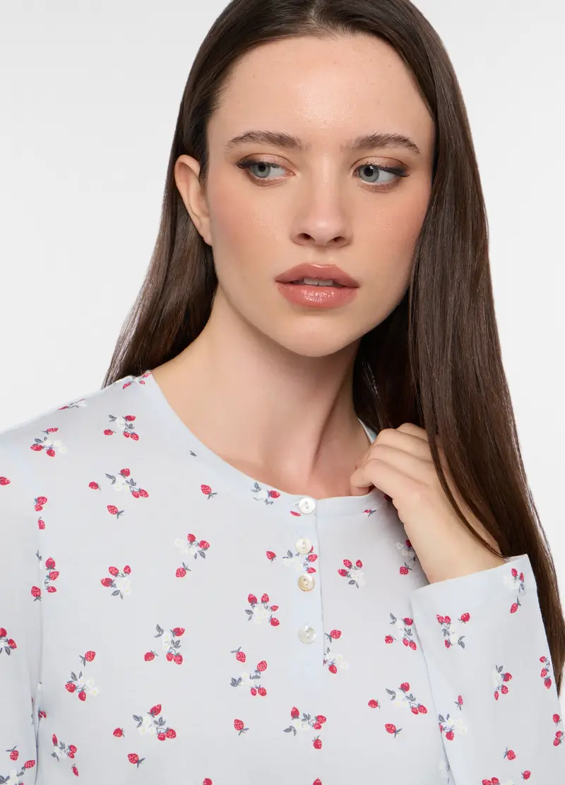 Set Pigiama Lungo In Jersey Di Puro Cotone Donna, Azzurro chiaro miniatura 3