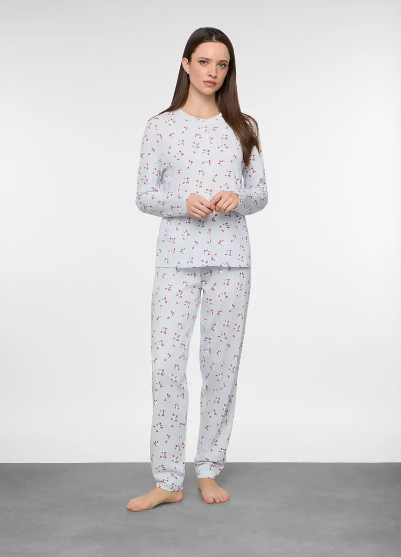 Set Pigiama Lungo In Jersey Di Puro Cotone Donna, Azzurro chiaro
