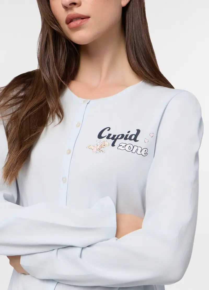 Set Pigiama Lungo In Jersey Di Puro Cotone Donna, Azzurro chiaro miniatura 3