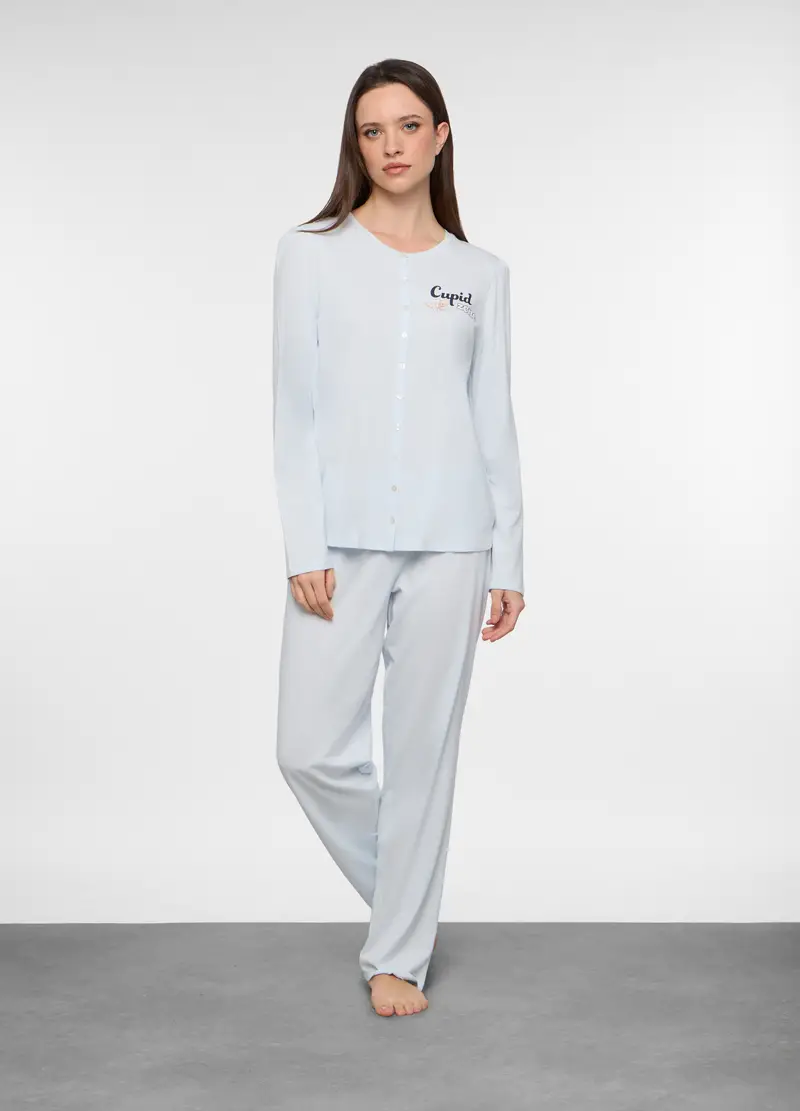 Set Pigiama Lungo In Jersey Di Puro Cotone Donna, Azzurro chiaro