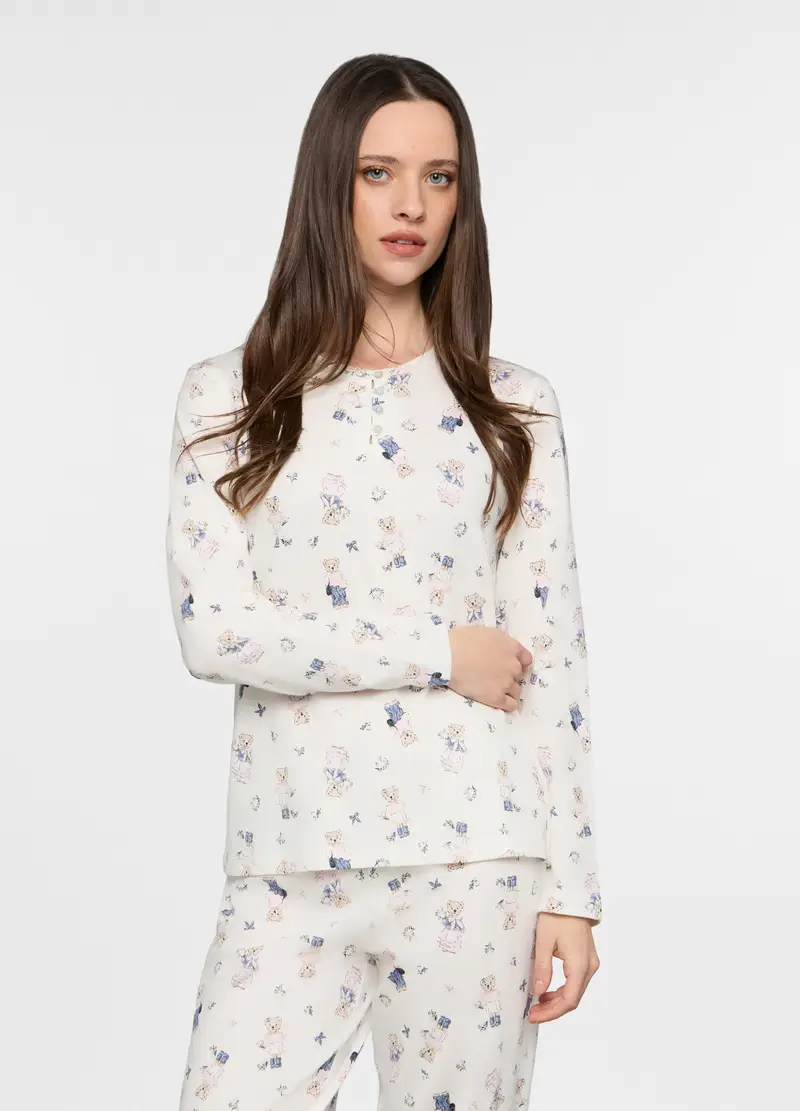 Set Pigiama Lungo In Jersey Di Puro Cotone Donna, Bianco miniatura 3