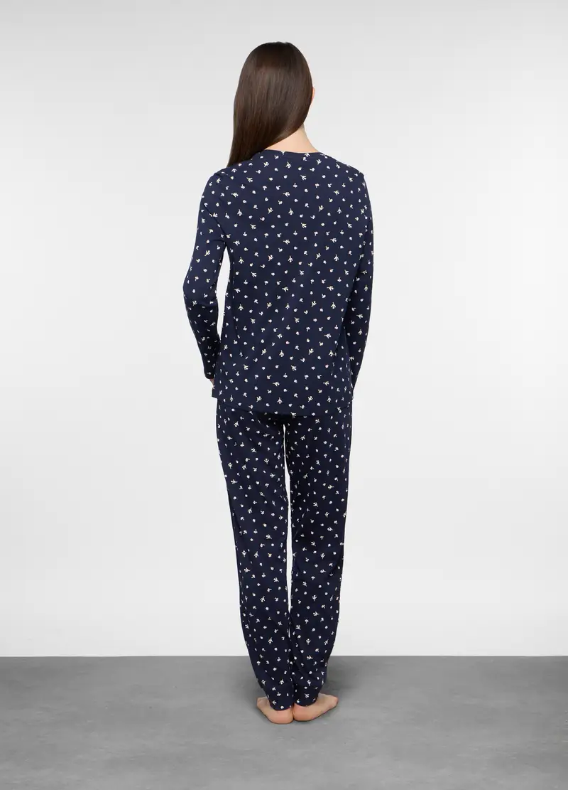 Set Pigiama Lungo In Jersey Di Puro Cotone Donna, Blu scuro miniatura 2