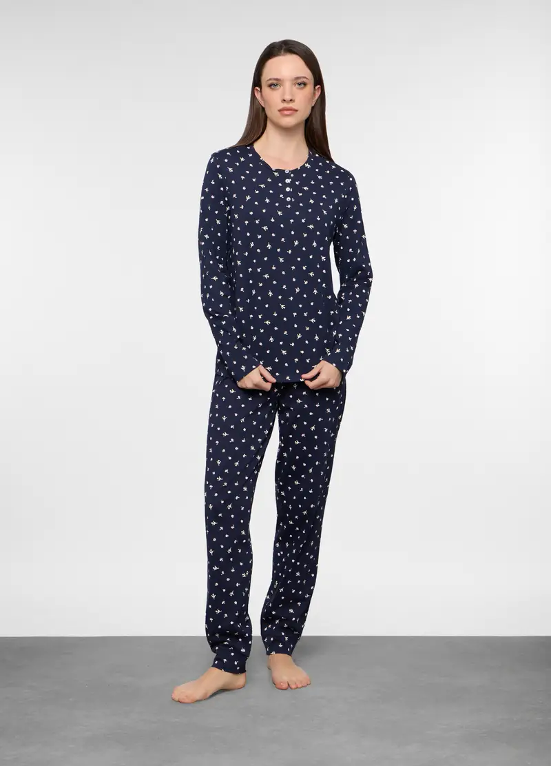 Set Pigiama Lungo In Jersey Di Puro Cotone Donna, Blu scuro