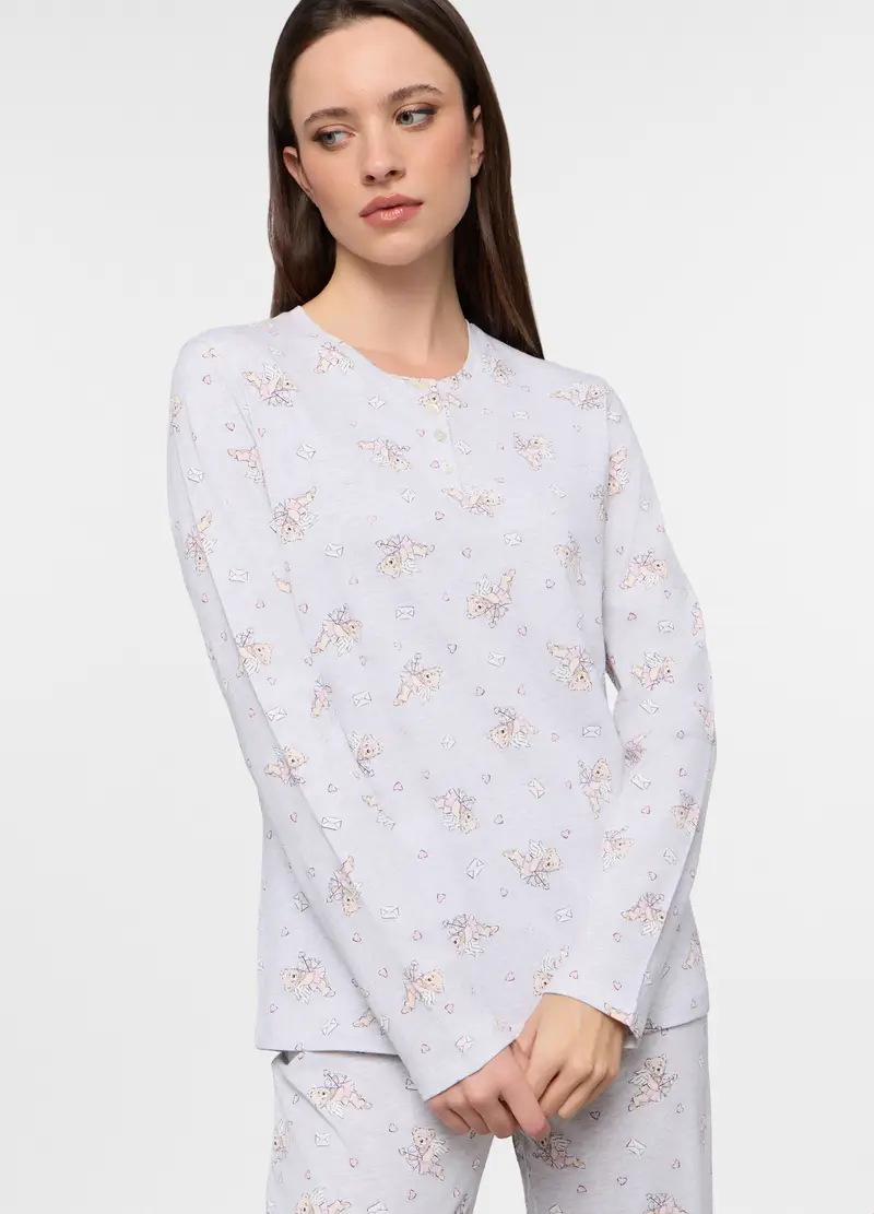Set Pigiama Lungo In Jersey Di Puro Cotone Donna, Grigio chiaro melange miniatura 3