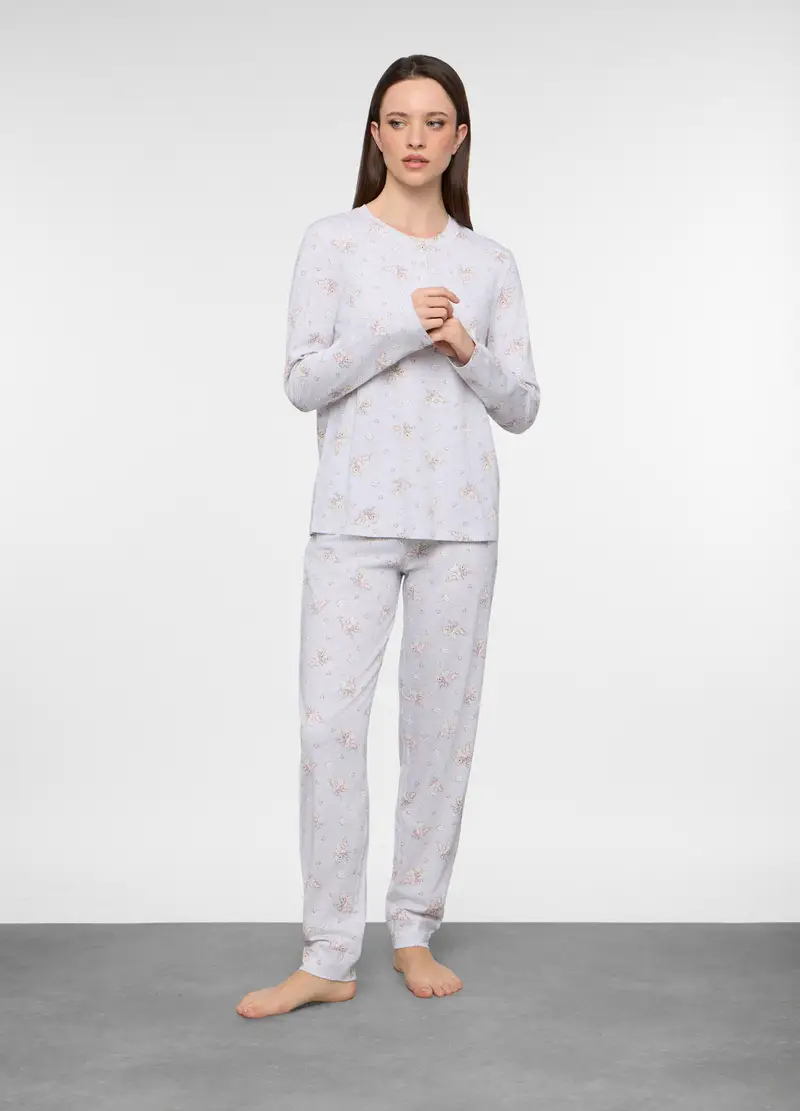 Set Pigiama Lungo In Jersey Di Puro Cotone Donna, Grigio chiaro melange