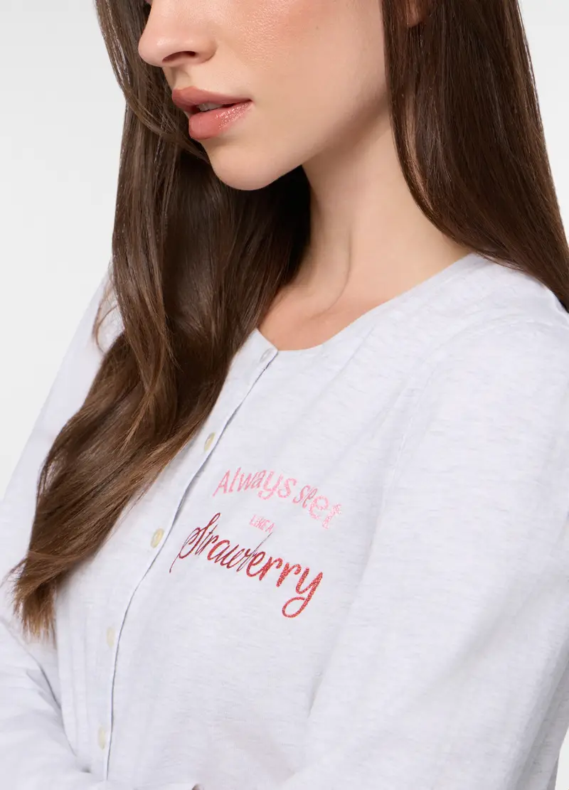 Set Pigiama Lungo In Jersey Di Puro Cotone Donna, Grigio chiaro melange miniatura 3