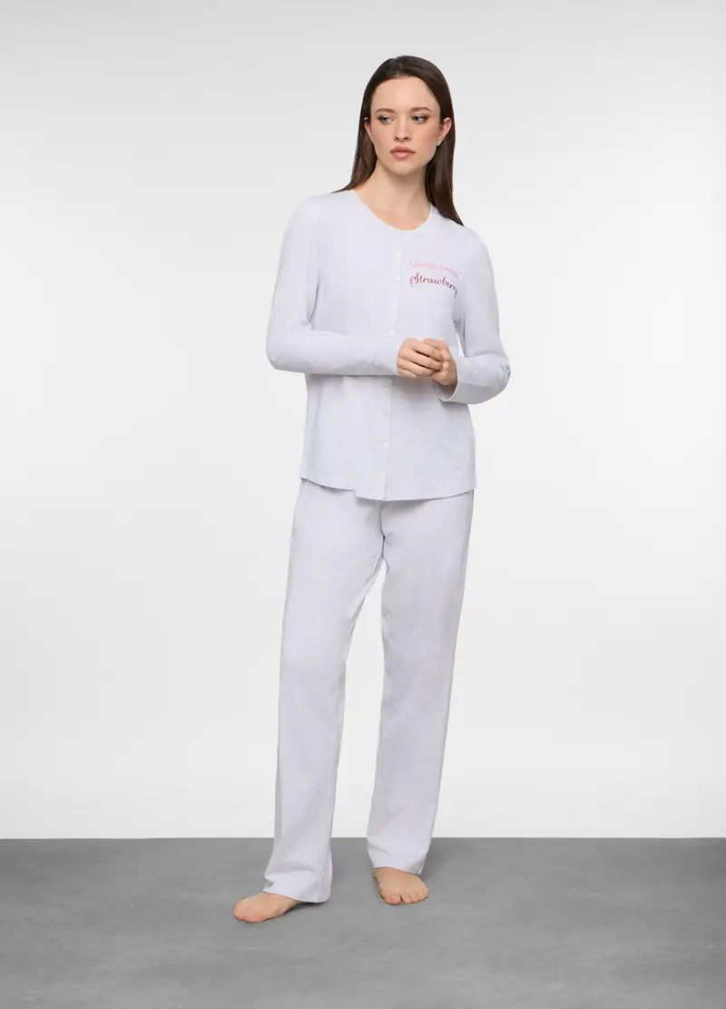 Set Pigiama Lungo In Jersey Di Puro Cotone Donna, Grigio chiaro melange