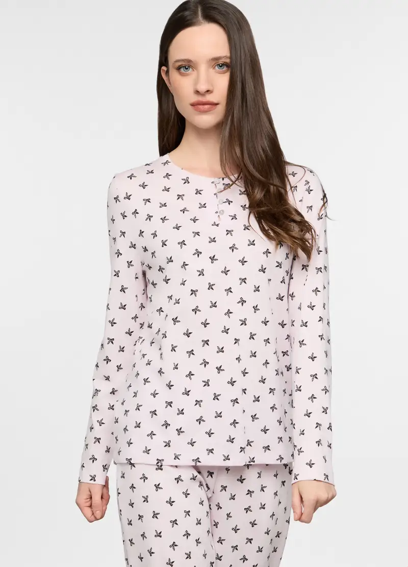 Set Pigiama Lungo In Jersey Di Puro Cotone Donna, Rosa chiaro miniatura 3