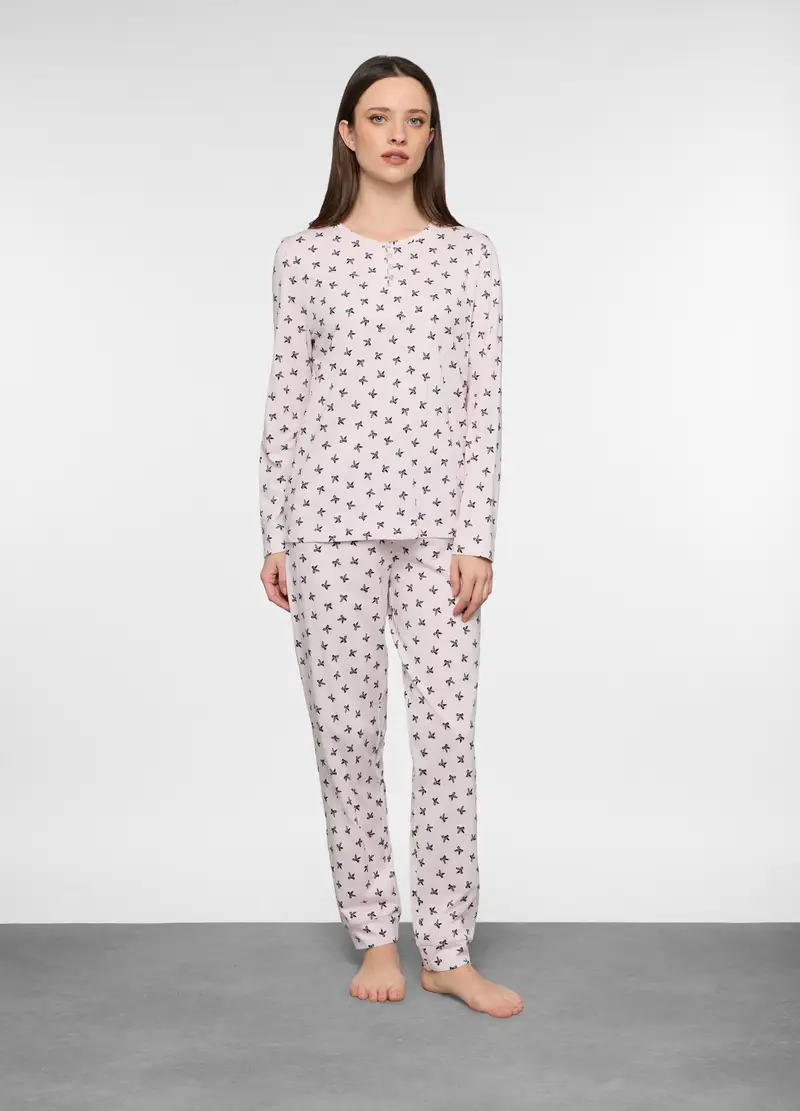 Set Pigiama Lungo In Jersey Di Puro Cotone Donna, Rosa chiaro