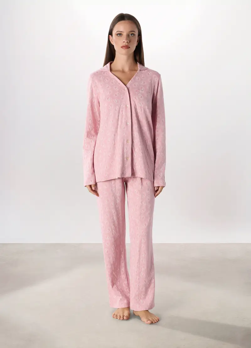 Set Pigiama Lungo In Jersey Di Puro Cotone Donna, Rosa pastello