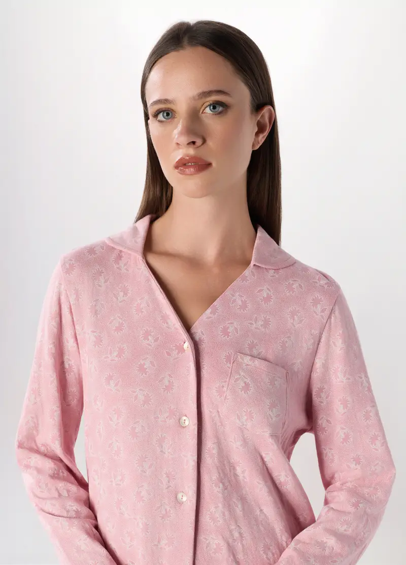 Set Pigiama Lungo In Jersey Di Puro Cotone Donna, Rosa pastello miniatura 3