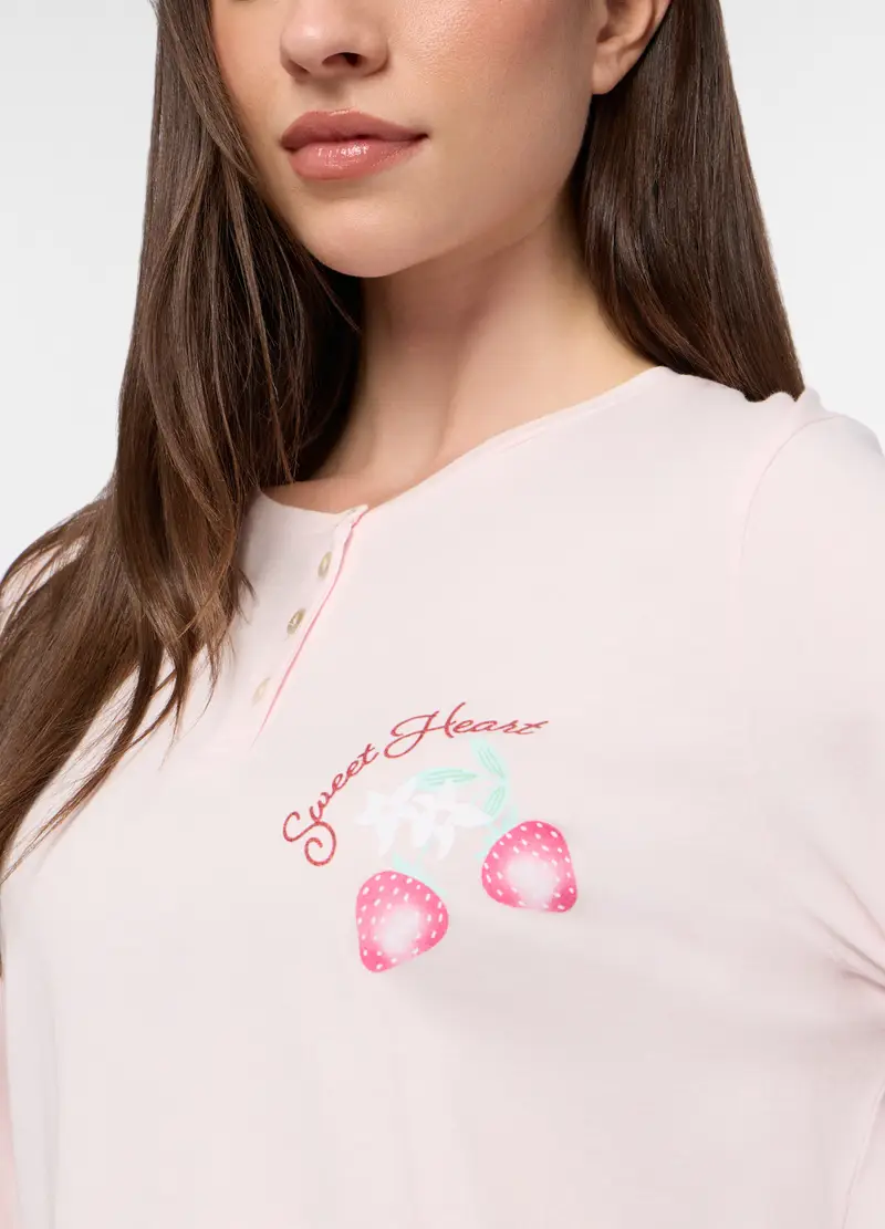 Set Pigiama Lungo In Jersey Di Puro Cotone Donna, Rosa pastello miniatura 3