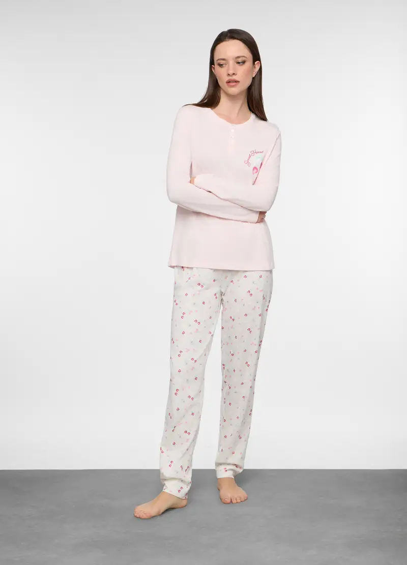 Set Pigiama Lungo In Jersey Di Puro Cotone Donna, Rosa pastello