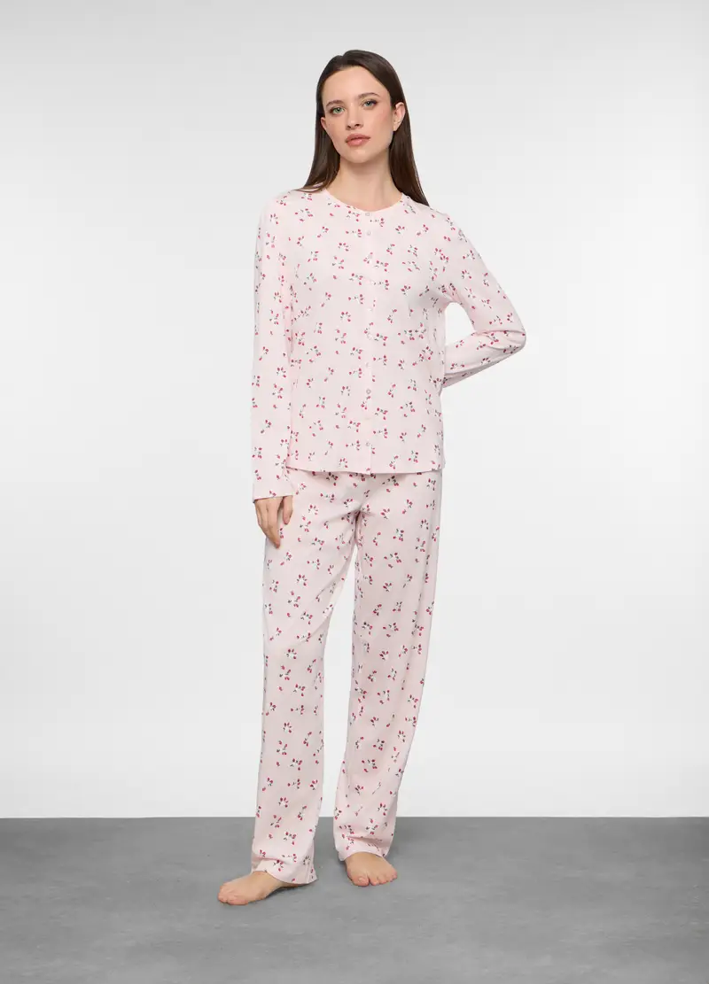 Set Pigiama Lungo In Jersey Di Puro Cotone Donna, Rosa pastello