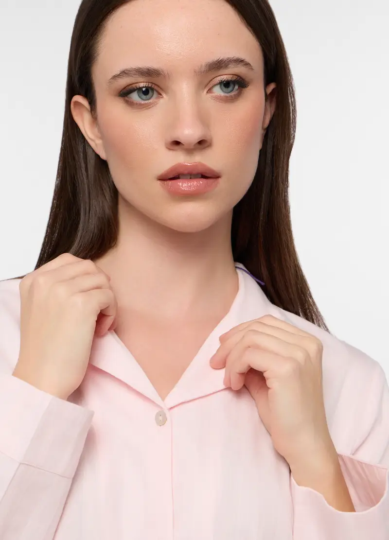 Set Pigiama Lungo In Jersey Di Puro Cotone Donna, Rosa pastello miniatura 3