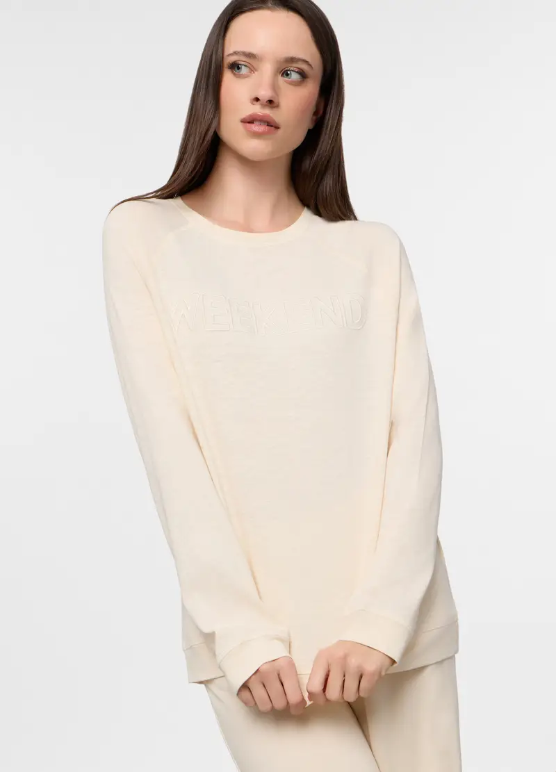 Set Pigiama Lungo In Jersey Slub Di Puro Cotone Donna, Bianco panna miniatura 3