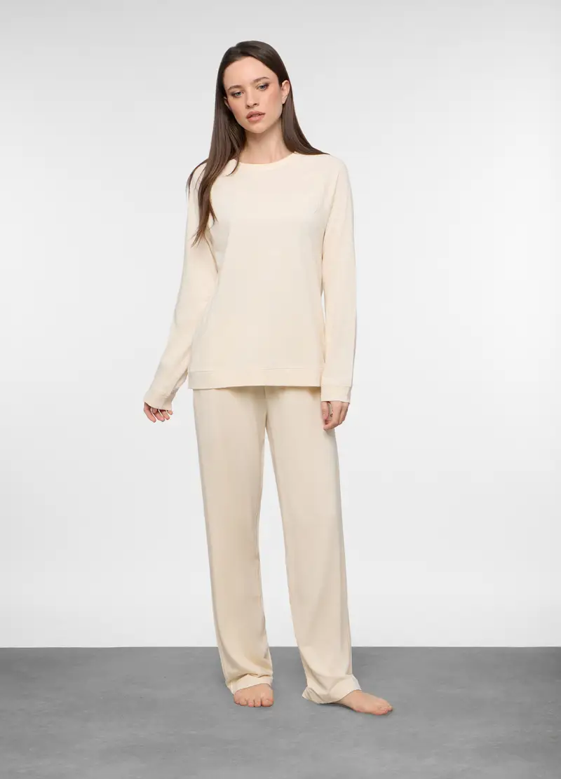 Set Pigiama Lungo In Jersey Slub Di Puro Cotone Donna, Bianco panna