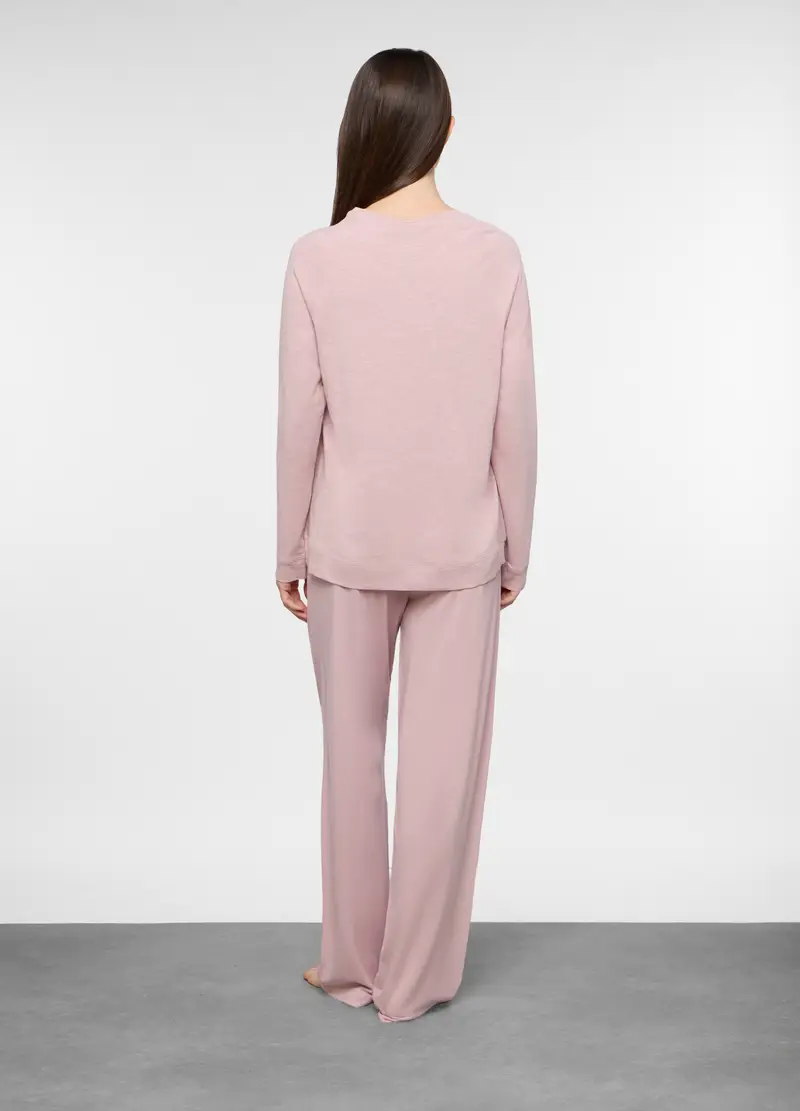 Set Pigiama Lungo In Jersey Slub Di Puro Cotone Donna, Rosa pastello miniatura 2