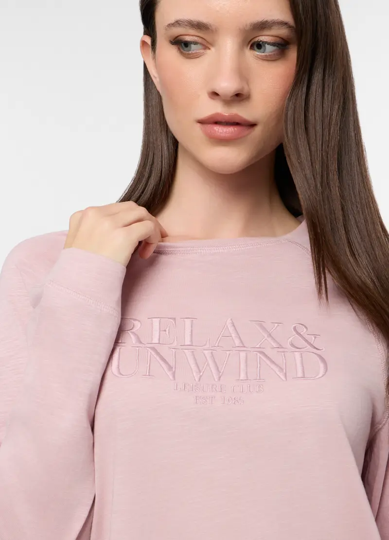 Set Pigiama Lungo In Jersey Slub Di Puro Cotone Donna, Rosa pastello miniatura 3