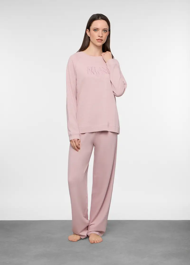 Set Pigiama Lungo In Jersey Slub Di Puro Cotone Donna, Rosa pastello