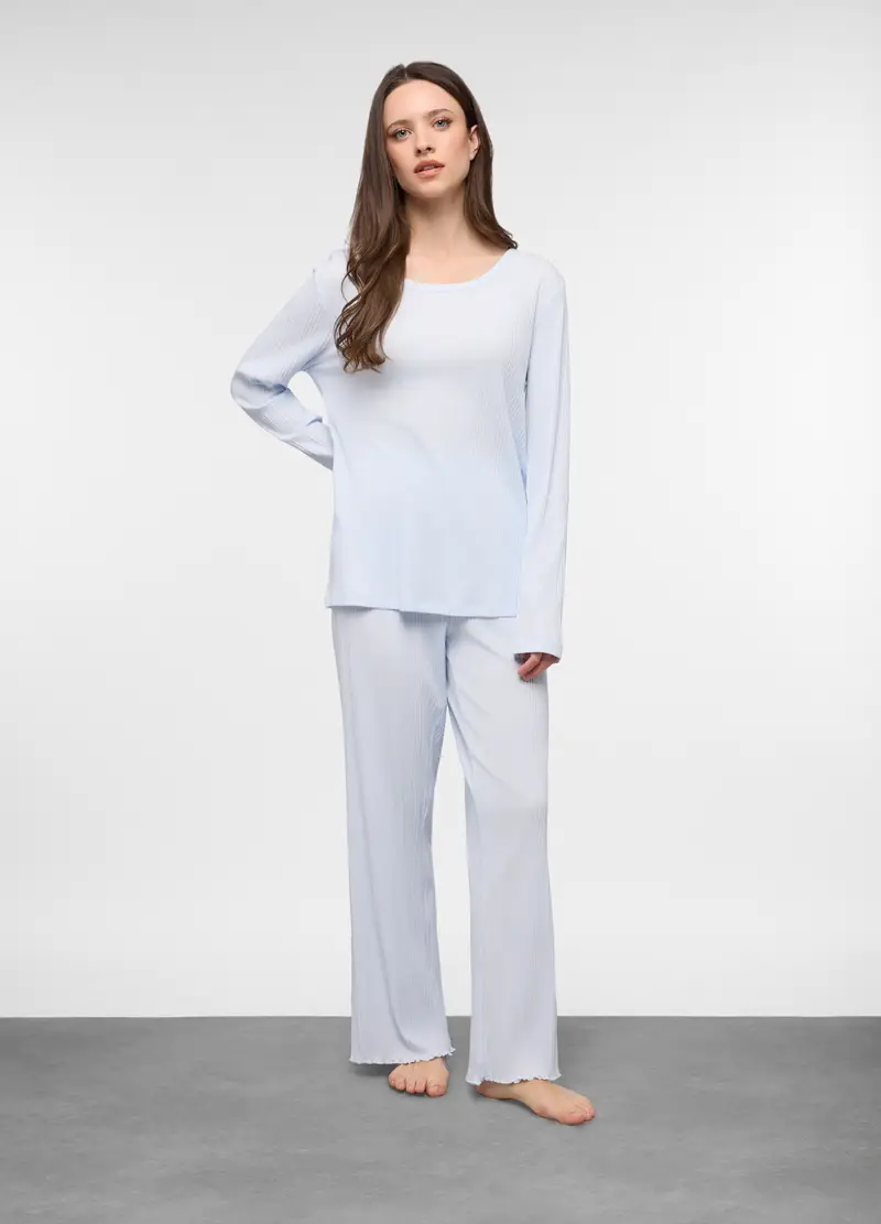 Set Pigiama Lungo In Misto Cotone Stretch Donna, Azzurro chiaro