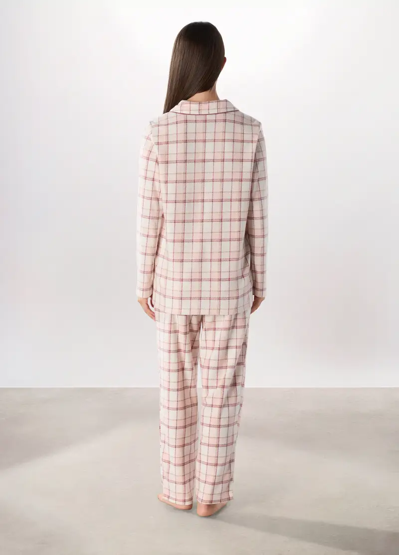 Set Pigiama Lungo In Pile A Quadri Donna, Bianco/Rosa miniatura 2