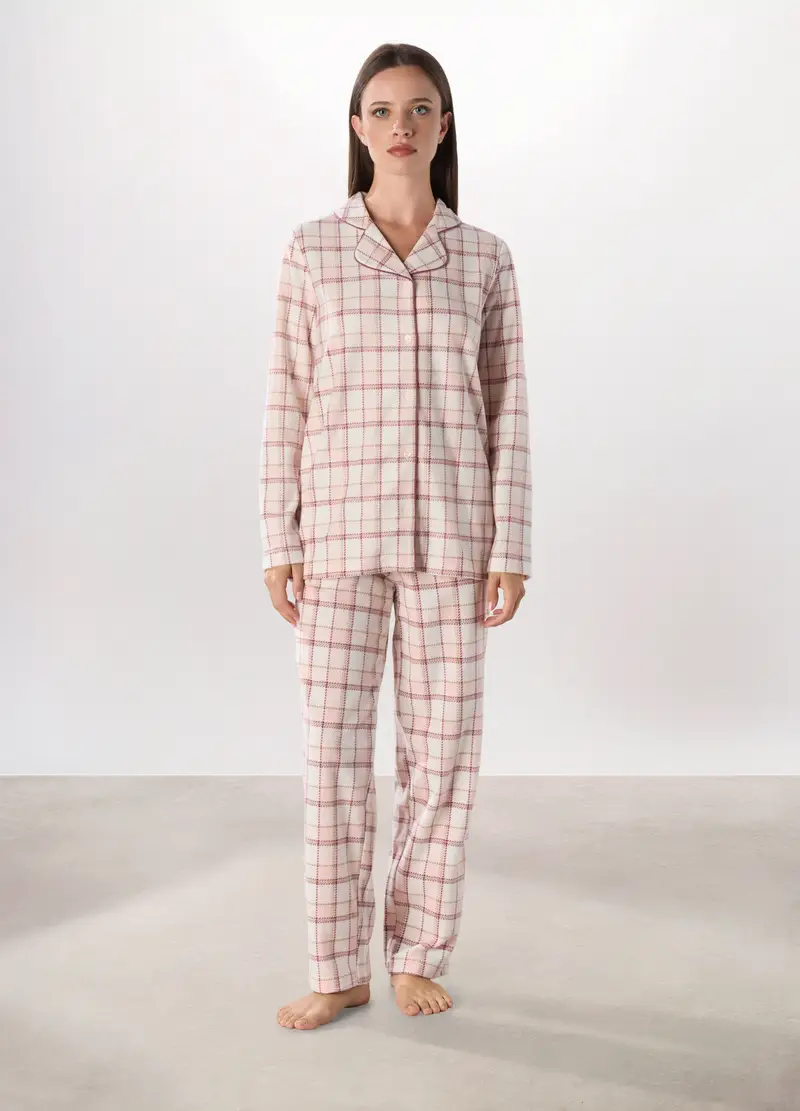 Set Pigiama Lungo In Pile A Quadri Donna, Bianco/Rosa