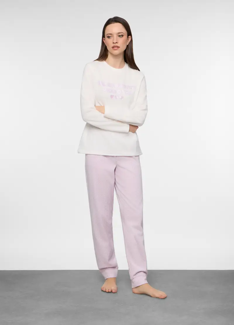 Set Pigiama Lungo In Pile Donna, Bianco/Rosa