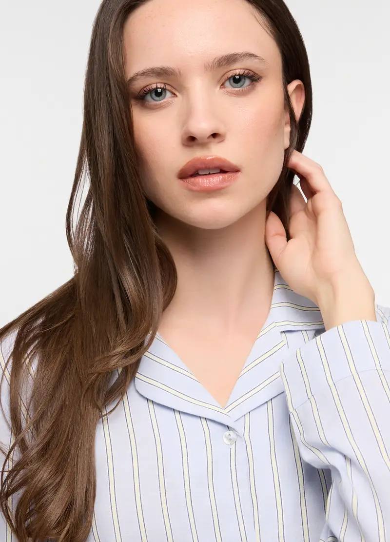 Set Pigiama Lungo In Popeline Misto Cotone Donna, Azzurro chiaro miniatura 3