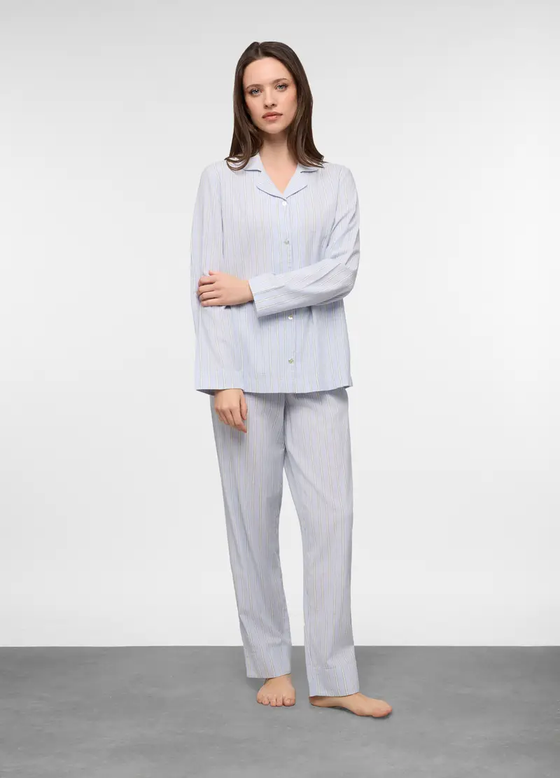 Set Pigiama Lungo In Popeline Misto Cotone Donna, Azzurro chiaro