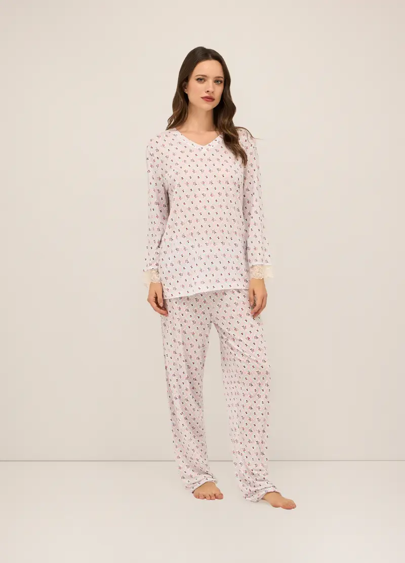 Upim, Set Pigiama Lungo In Pura Viscosa Donna, Bianco/Rosa, Taglia: S