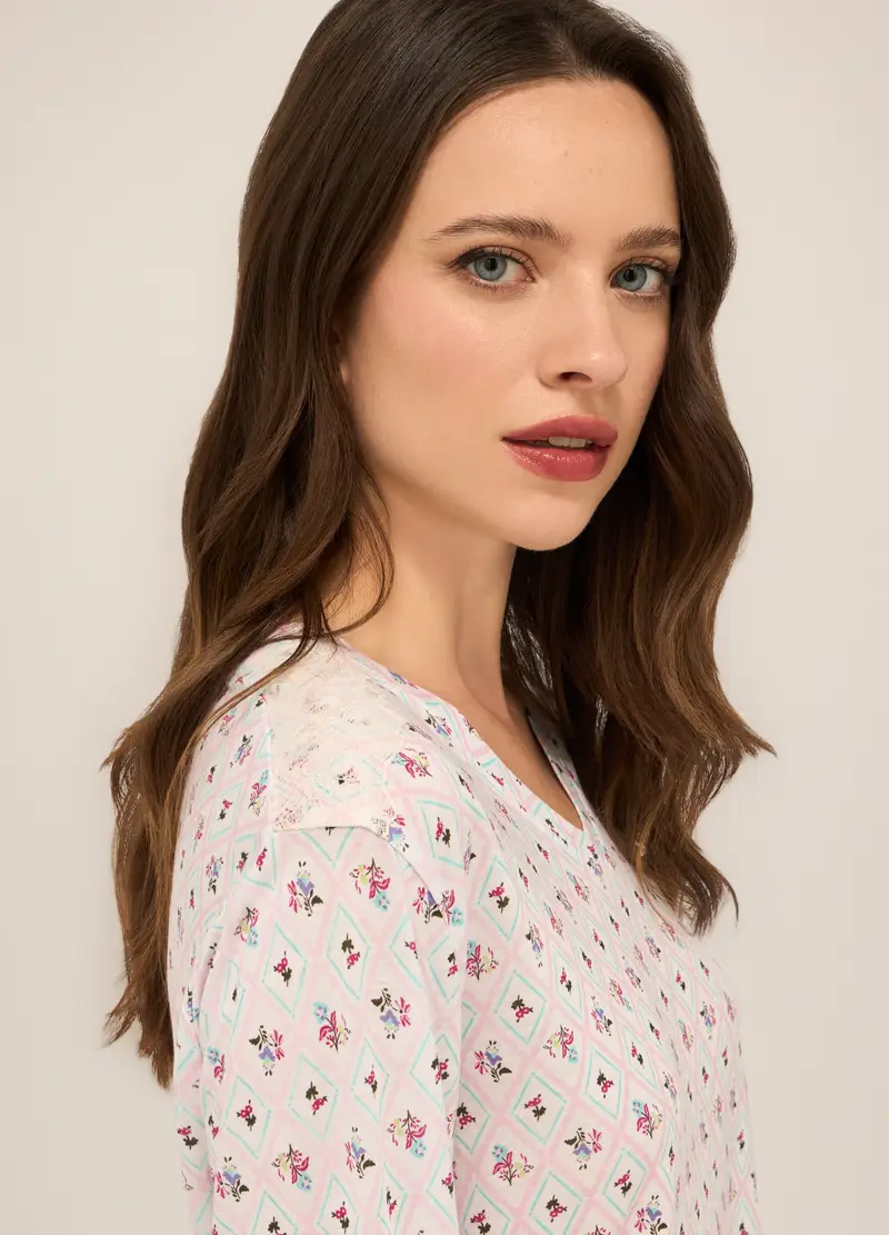 Upim, Set Pigiama Lungo In Pura Viscosa Donna, Bianco/Rosa, Taglia: S miniatura 2