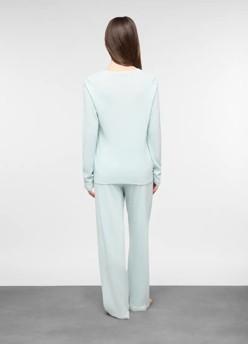 Set Pigiama Lungo In Puro Cotone Con Motivo Traforato Donna, Azzurro acquamarina miniatura 2