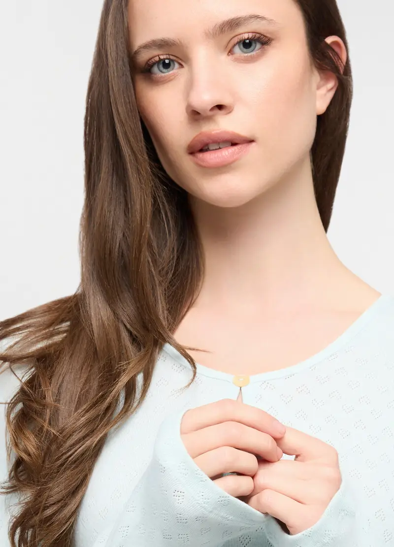 Set Pigiama Lungo In Puro Cotone Con Motivo Traforato Donna, Azzurro acquamarina miniatura 3