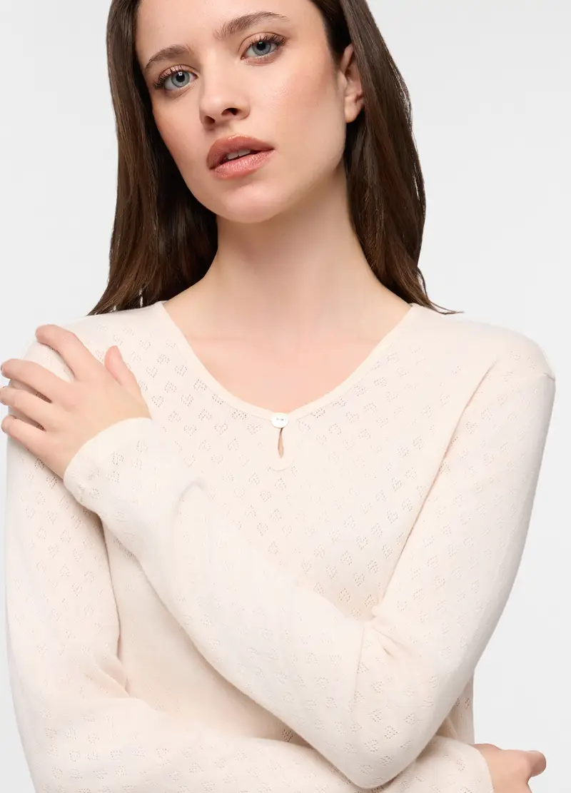 Set Pigiama Lungo In Puro Cotone Con Motivo Traforato Donna, Rosa chiaro miniatura 3