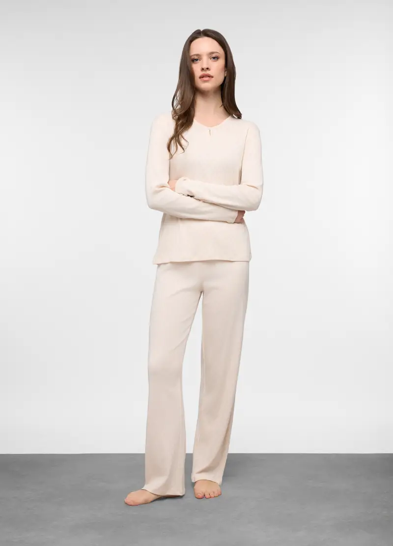 Set Pigiama Lungo In Puro Cotone Con Motivo Traforato Donna, Rosa chiaro