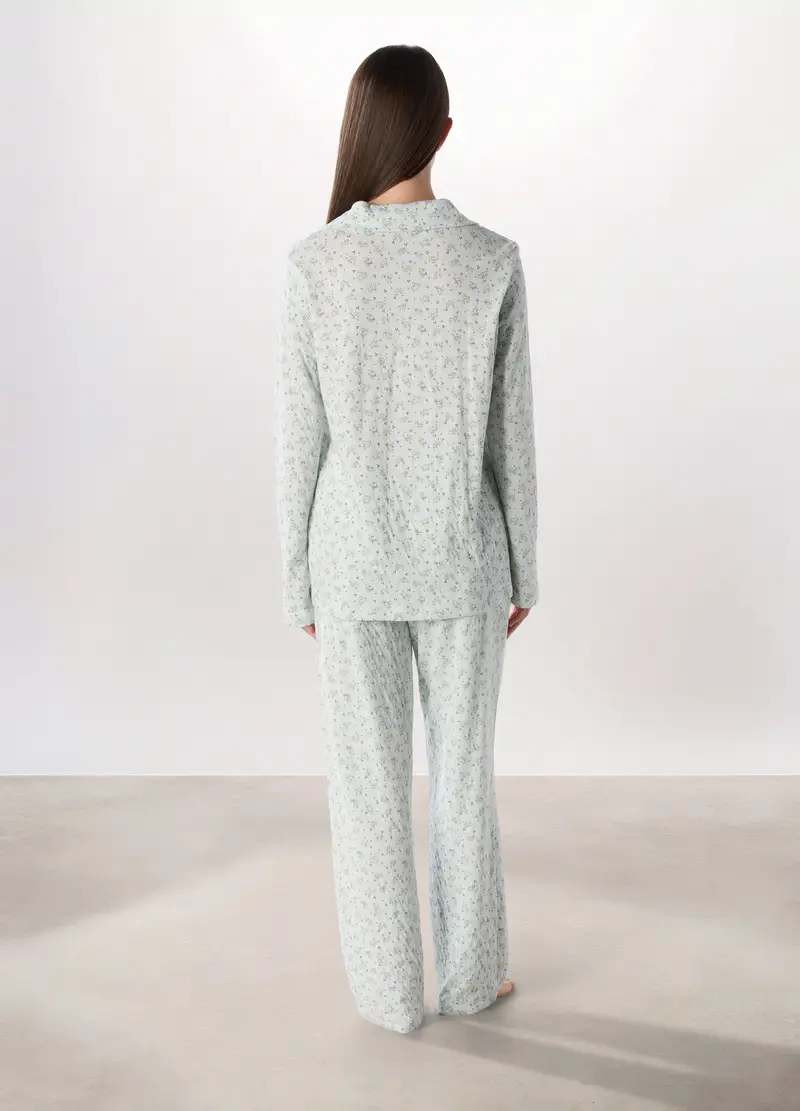 Set Pigiama Lungo In Puro Cotone Donna, Azzurro acquamarina miniatura 2