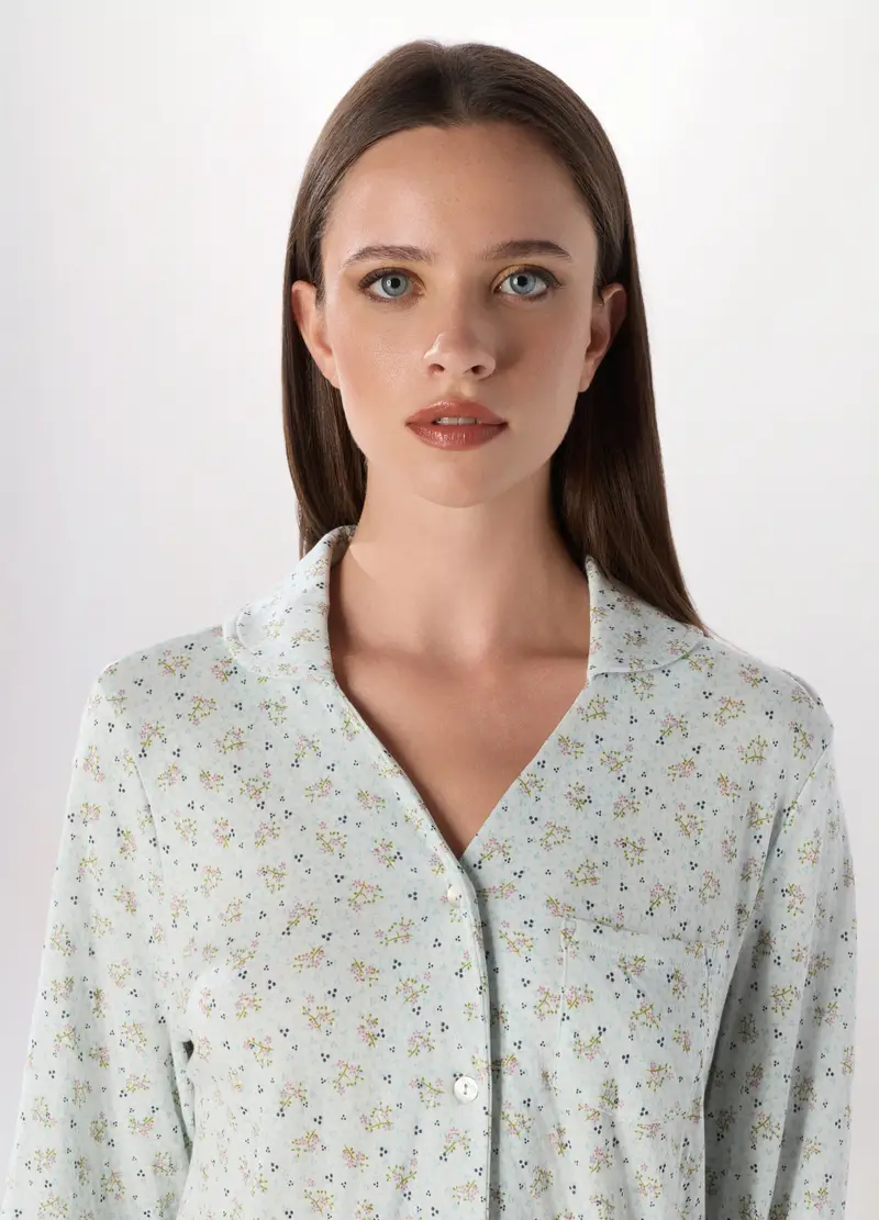 Set Pigiama Lungo In Puro Cotone Donna, Azzurro acquamarina miniatura 3