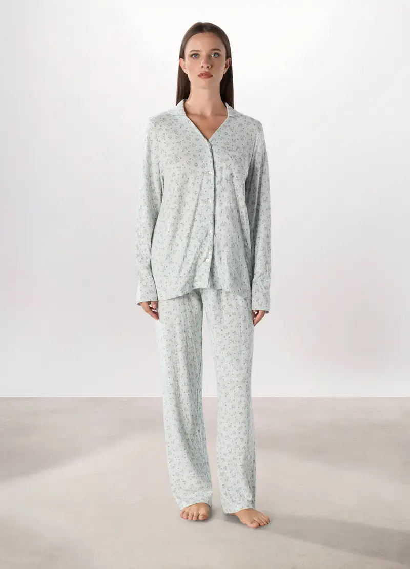 Set Pigiama Lungo In Puro Cotone Donna, Azzurro acquamarina